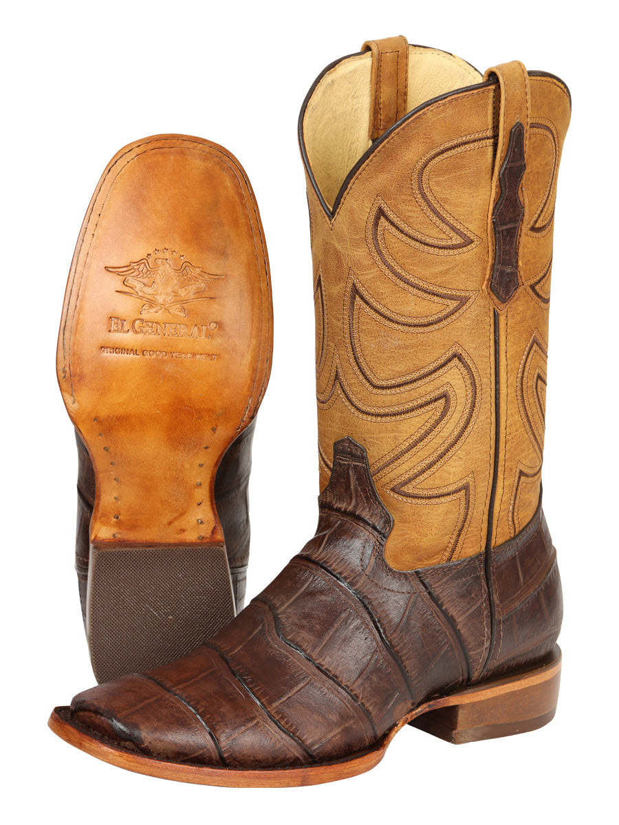El General Men's Leather Cowboy Boots - Embossed Alligator Crocodile Print - Brown 45765