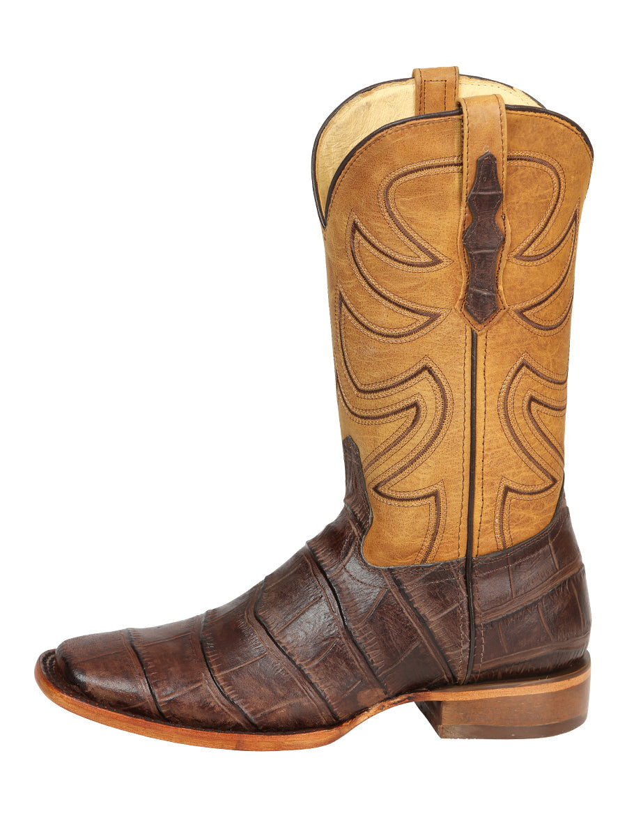 El General Men's Leather Cowboy Boots - Embossed Alligator Crocodile Print - Brown 45765