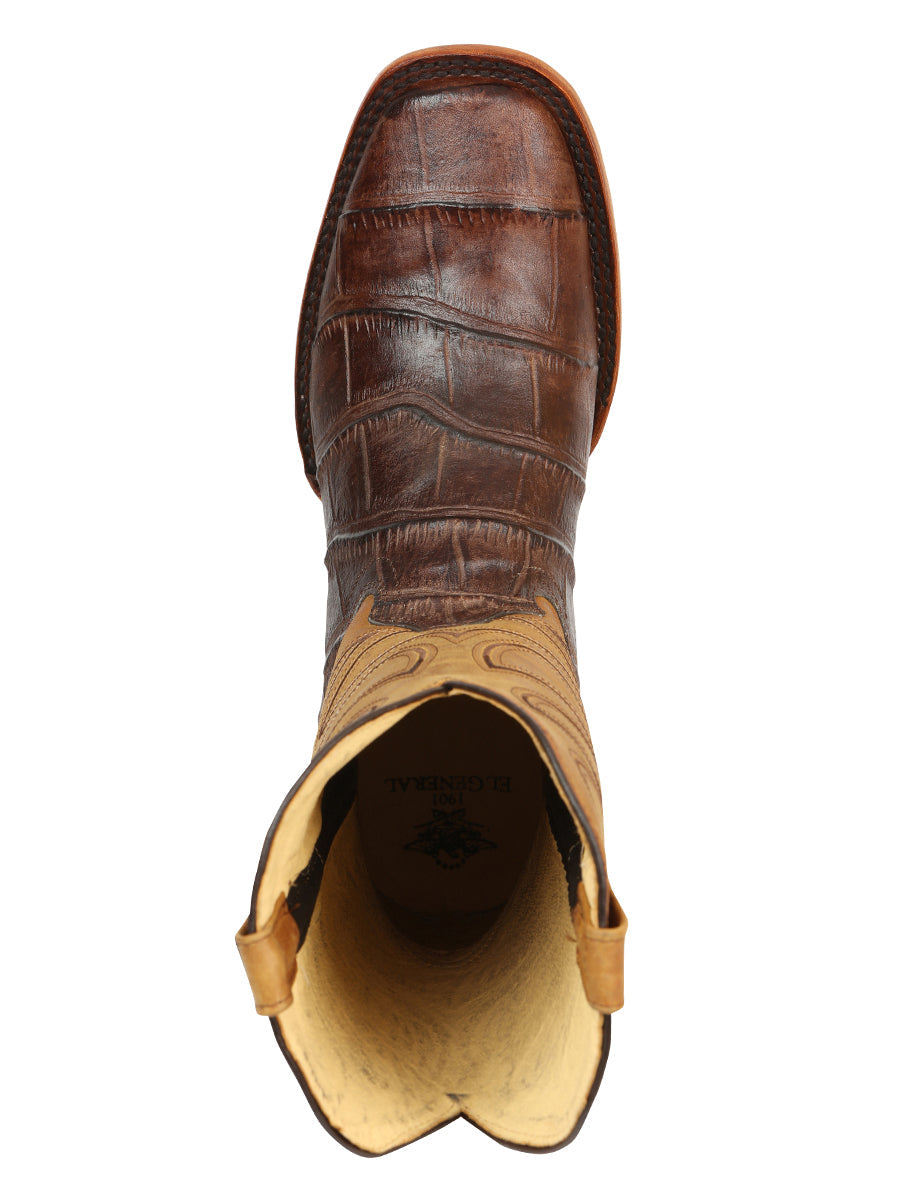 El General Men's Leather Cowboy Boots - Embossed Alligator Crocodile Print - Brown 45765
