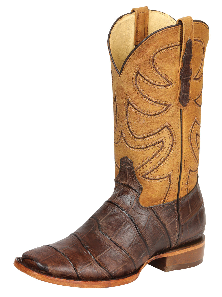 El General Men's Leather Cowboy Boots - Embossed Alligator Crocodile Print - Brown 45765
