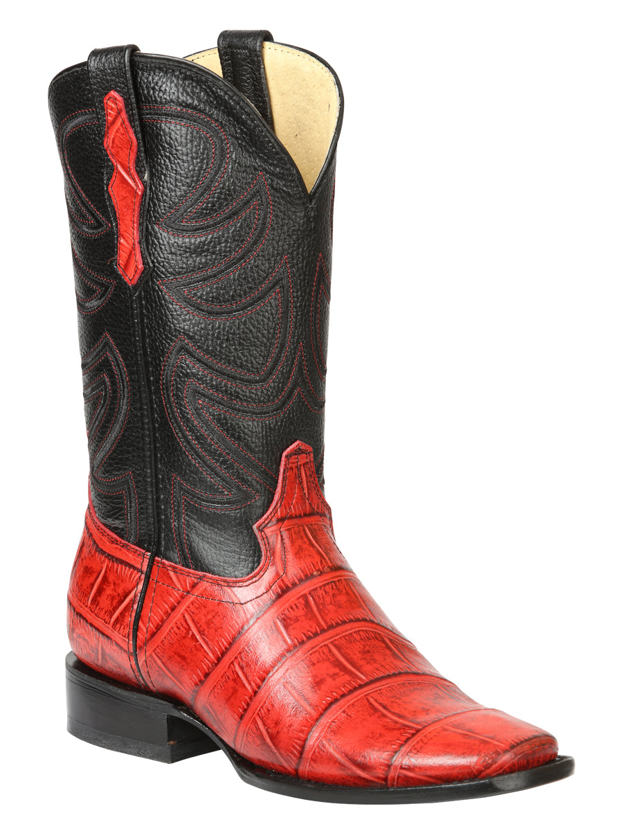 El General Men's Leather Cowboy Boots - Embossed Alligator Crocodile Print - Red 45766