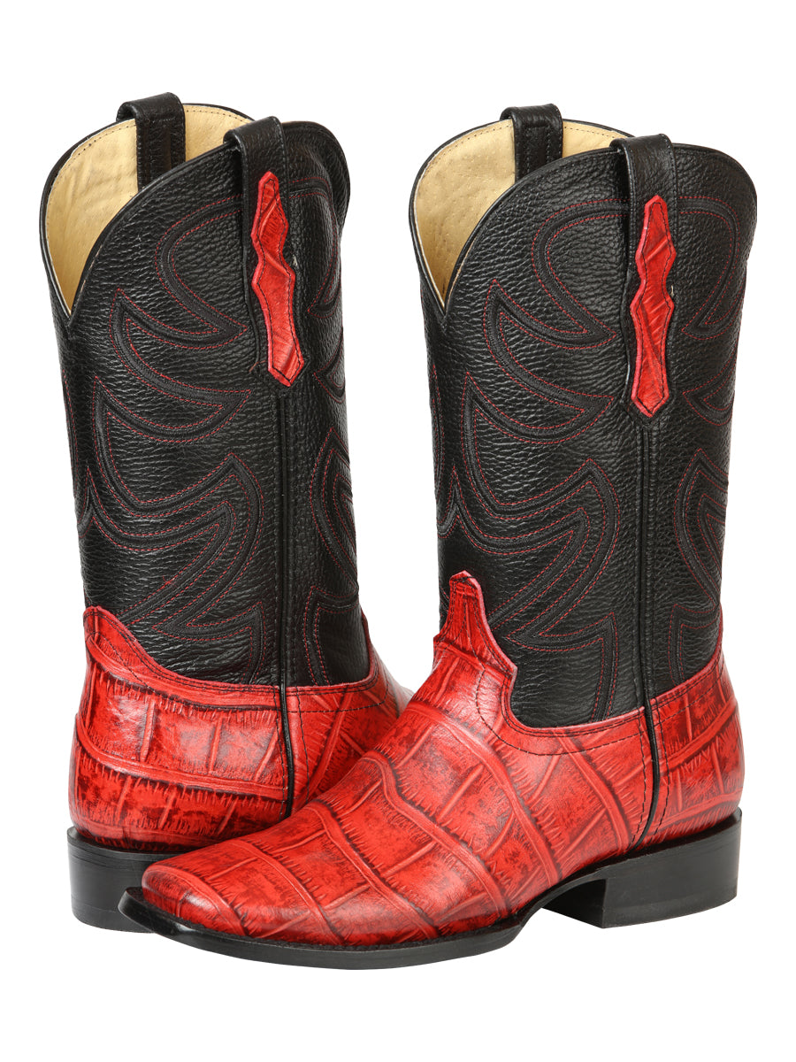 El General Men's Leather Cowboy Boots - Embossed Alligator Crocodile Print - Red 45766