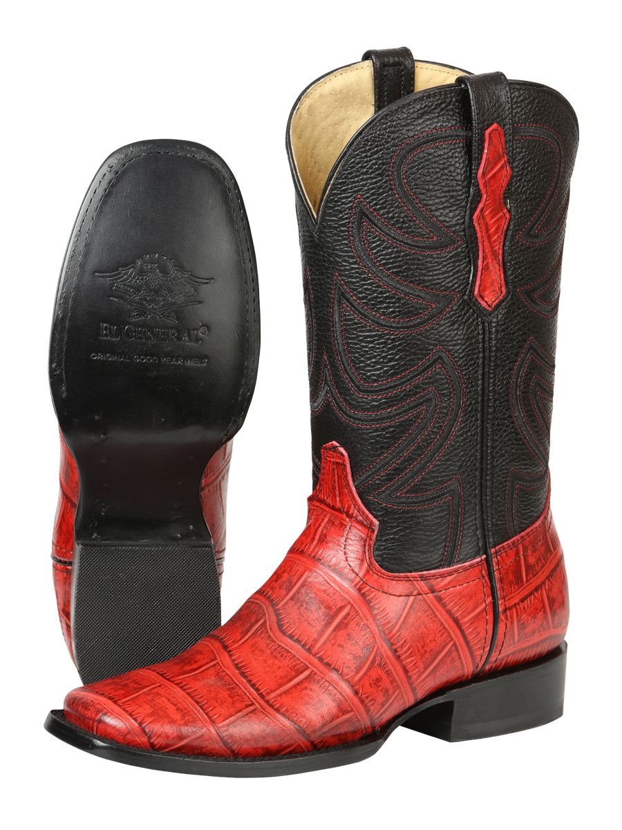 El General Men's Leather Cowboy Boots - Embossed Alligator Crocodile Print - Red 45766