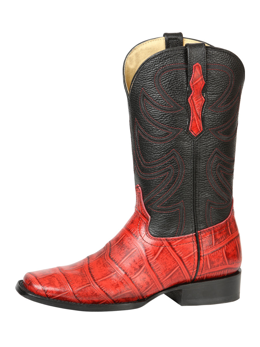El General Men's Leather Cowboy Boots - Embossed Alligator Crocodile Print - Red 45766