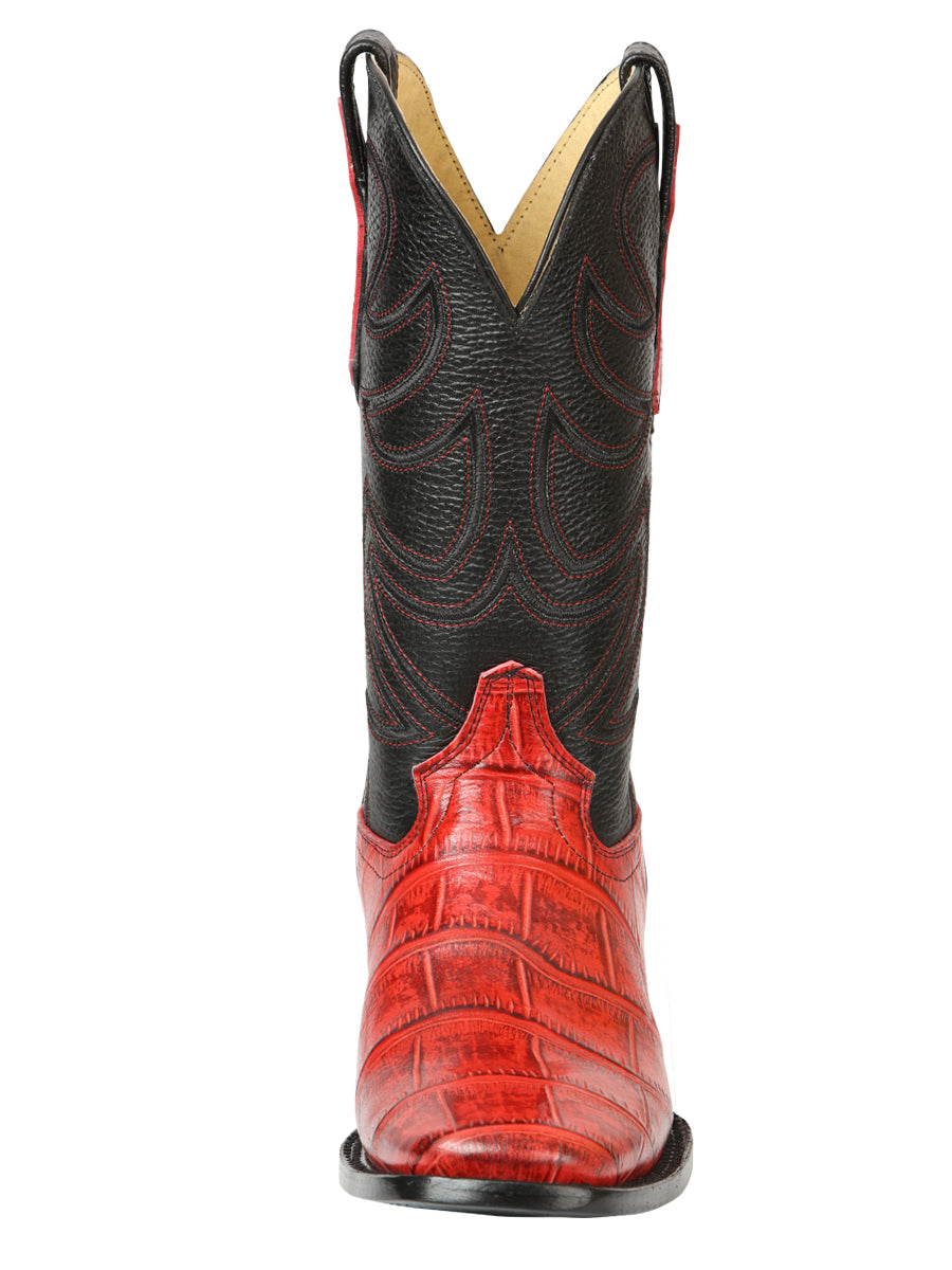 El General Men's Leather Cowboy Boots - Embossed Alligator Crocodile Print - Red 45766