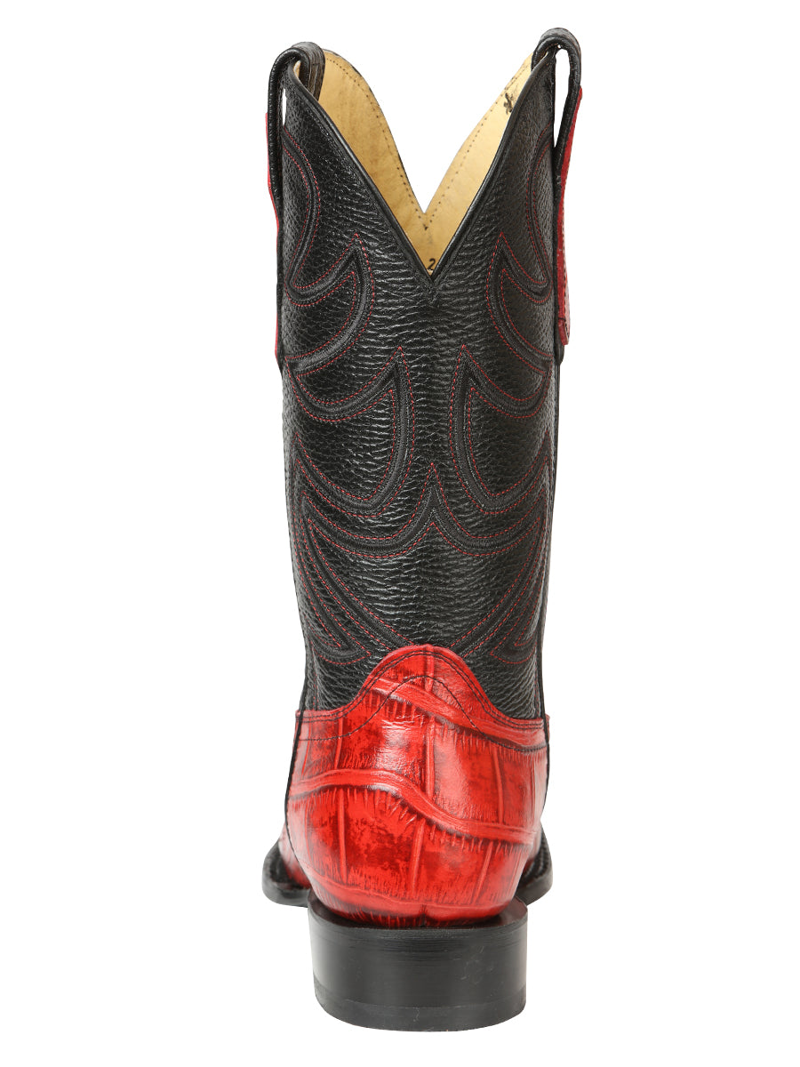 El General Men's Leather Cowboy Boots - Embossed Alligator Crocodile Print - Red 45766