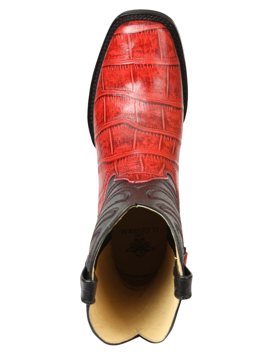 El General Men's Leather Cowboy Boots - Embossed Alligator Crocodile Print - Red 45766