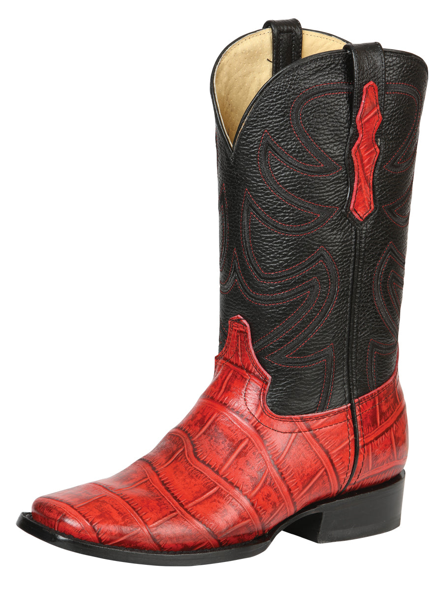 El General Men's Leather Cowboy Boots - Embossed Alligator Crocodile Print - Red 45766