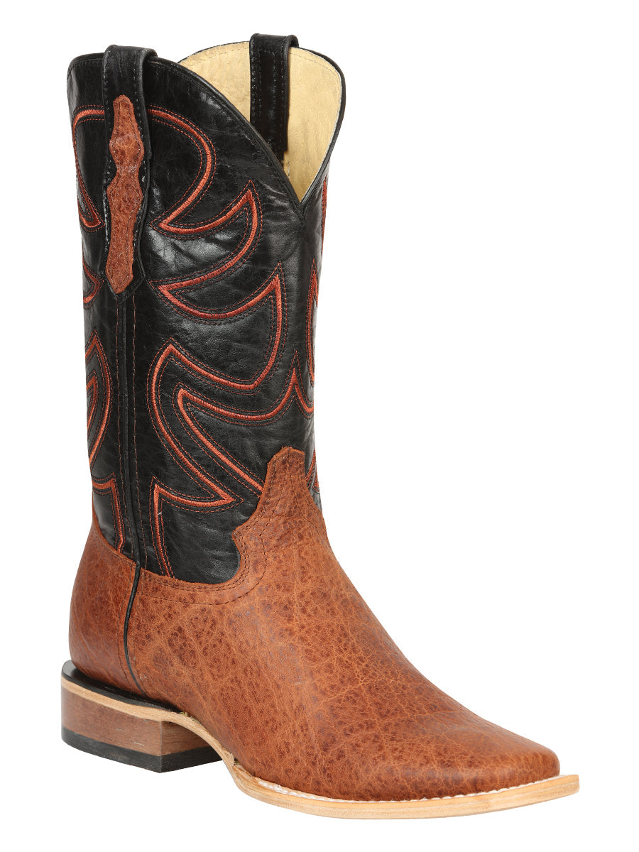 El General Men's Leather Cowboy Boots - Made in Mexico - Embossed Elephant Print - Cognac 45769