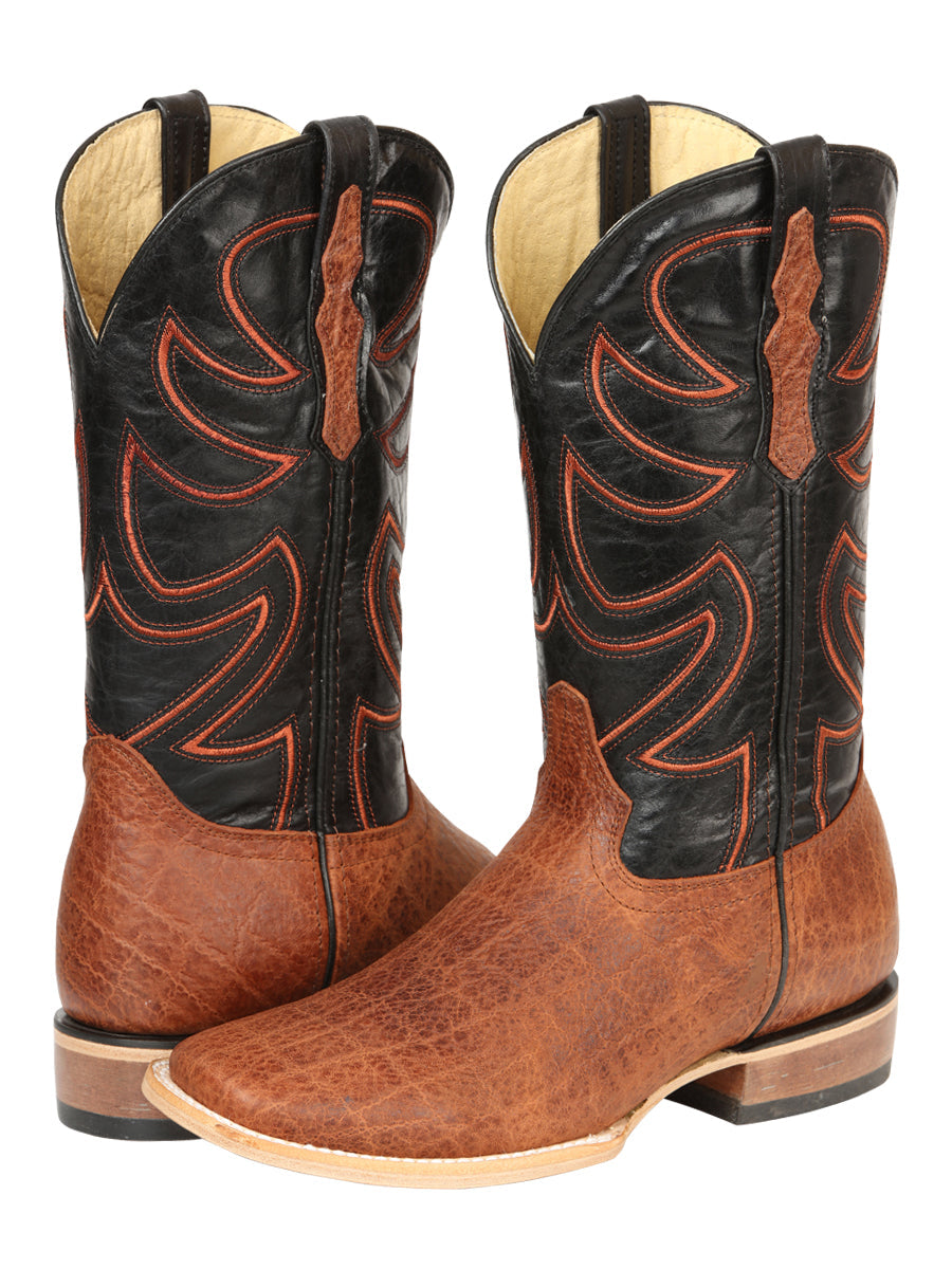 El General Men's Leather Cowboy Boots - Made in Mexico - Embossed Elephant Print - Cognac 45769