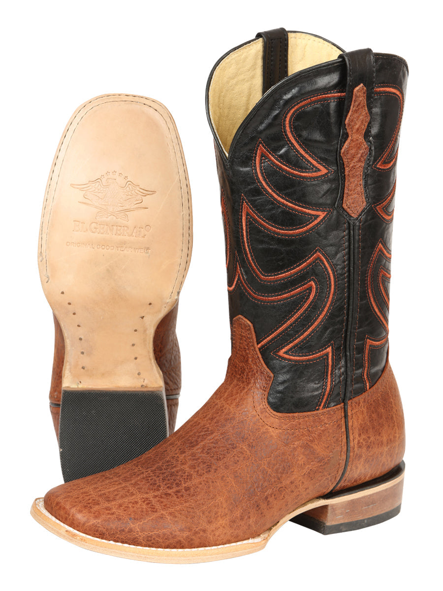 El General Men's Leather Cowboy Boots - Made in Mexico - Embossed Elephant Print - Cognac 45769