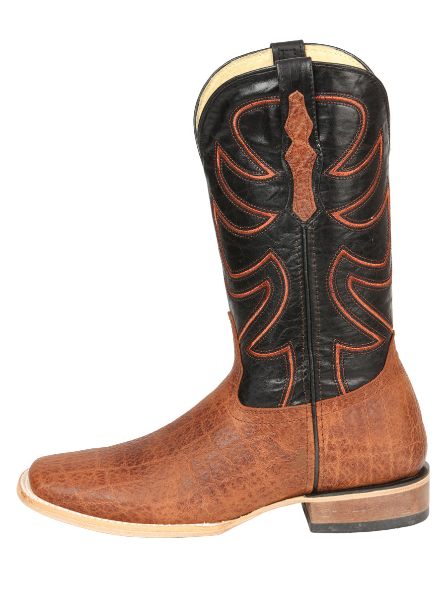 El General Men's Leather Cowboy Boots - Made in Mexico - Embossed Elephant Print - Cognac 45769