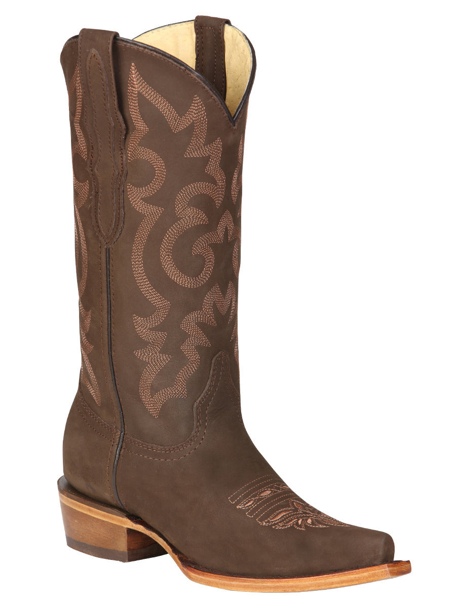 El General Women's Leather Cowboy Boots - Made in Mexico - Nubuck Camel Brown 45778