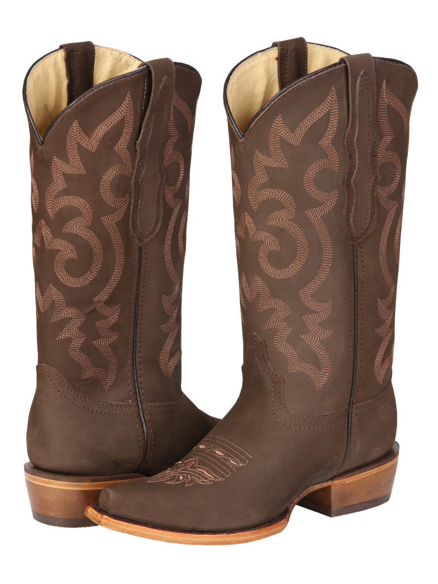 El General Women's Leather Cowboy Boots - Made in Mexico - Nubuck Camel Brown 45778