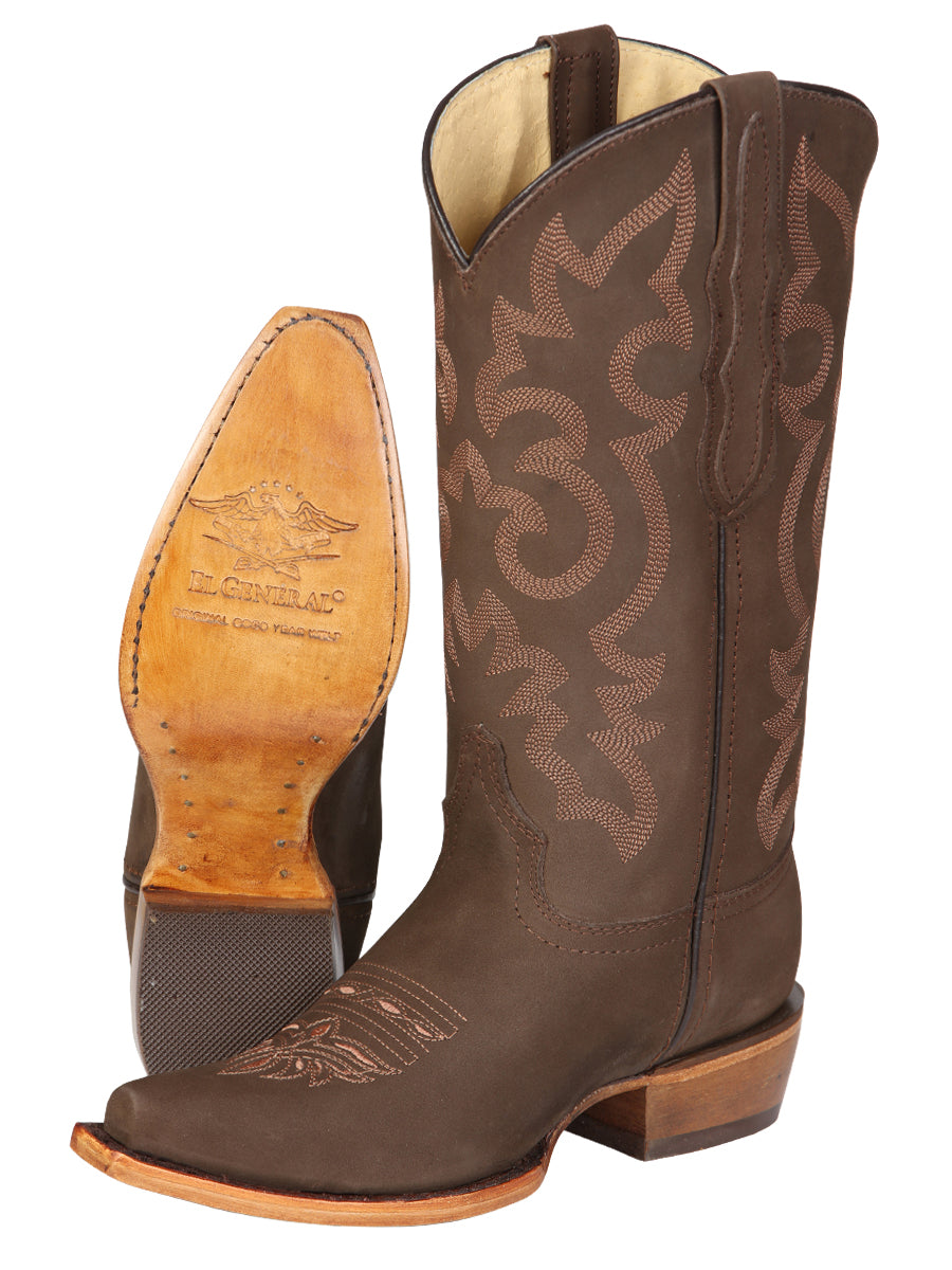 El General Women's Leather Cowboy Boots - Made in Mexico - Nubuck Camel Brown 45778