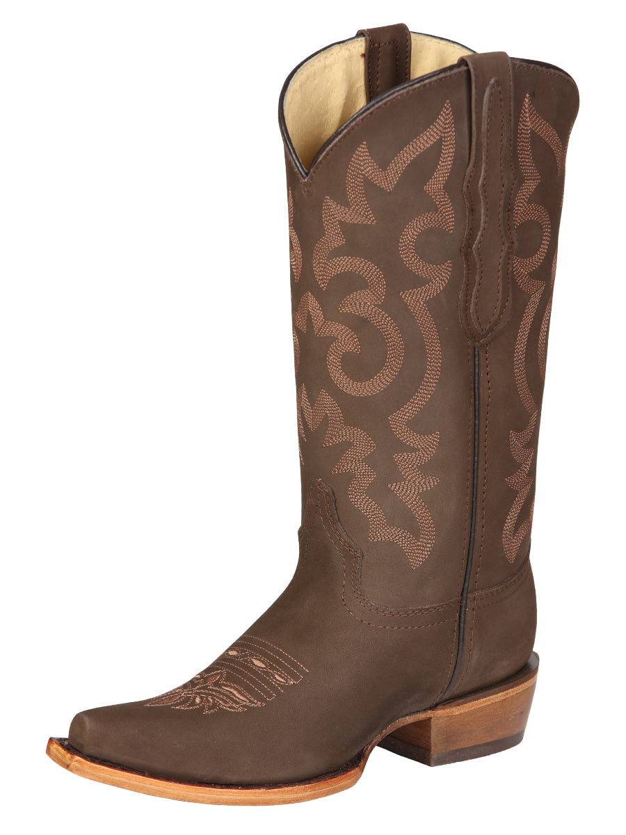 El General Women's Leather Cowboy Boots - Made in Mexico - Nubuck Camel Brown 45778