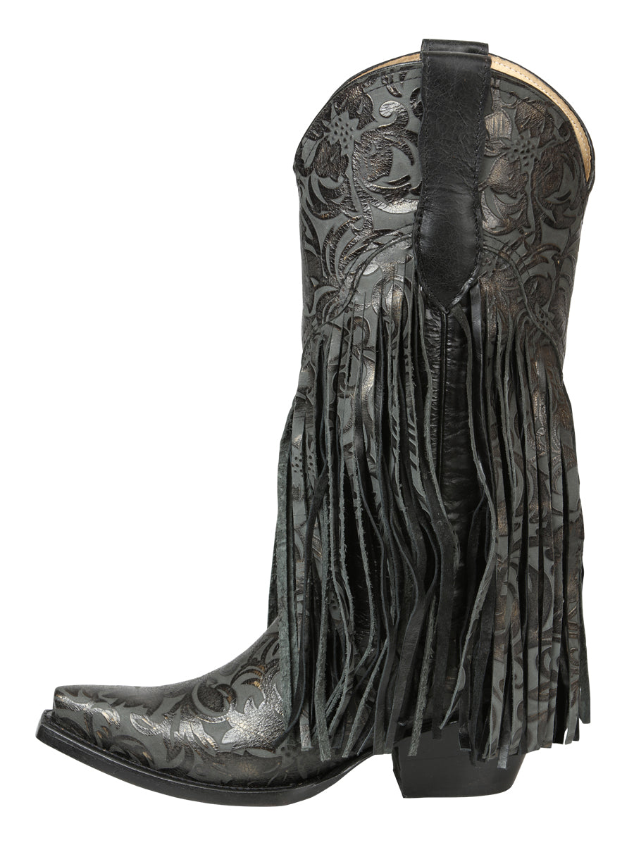 El General Women’s Floral Embossed Fringe Western Boots - Black 45796
