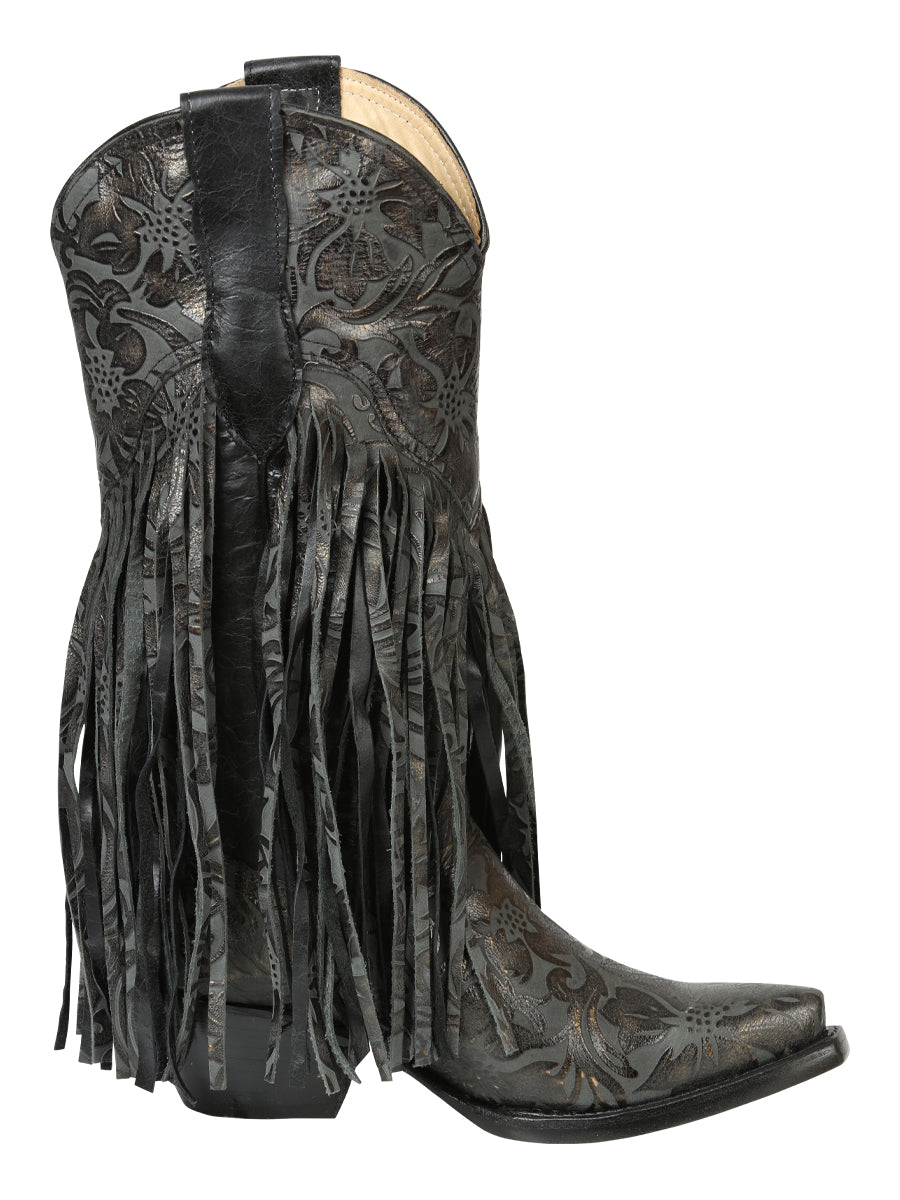 El General Women’s Floral Embossed Fringe Western Boots - Black 45796