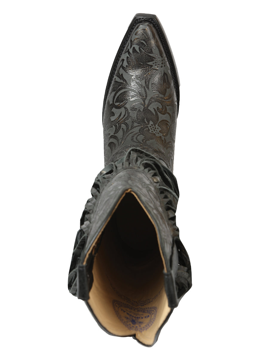 El General Women’s Floral Embossed Fringe Western Boots - Black 45796