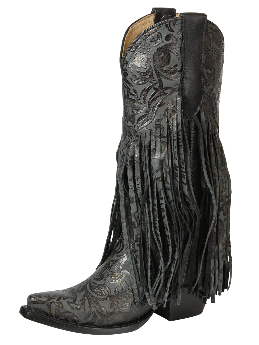 El General Women’s Floral Embossed Fringe Western Boots - Black 45796