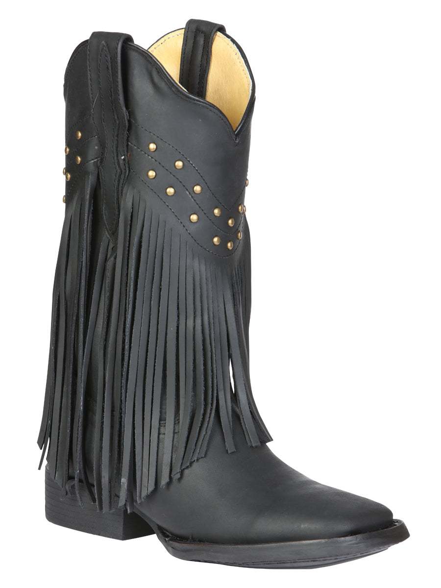 El General Women's Leather Fringe Western Boots - Made in Mexico - Black 45798