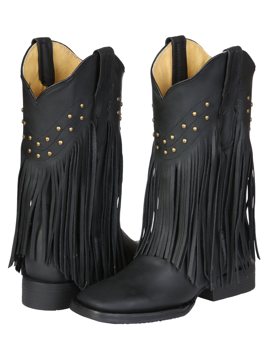 El General Women's Leather Fringe Western Boots - Made in Mexico - Black 45798