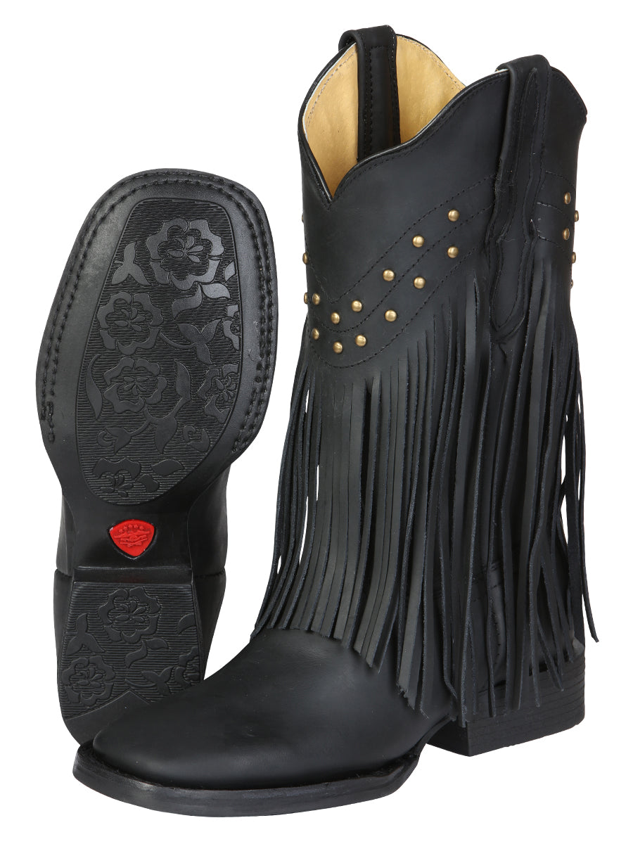 El General Women's Leather Fringe Western Boots - Made in Mexico - Black 45798