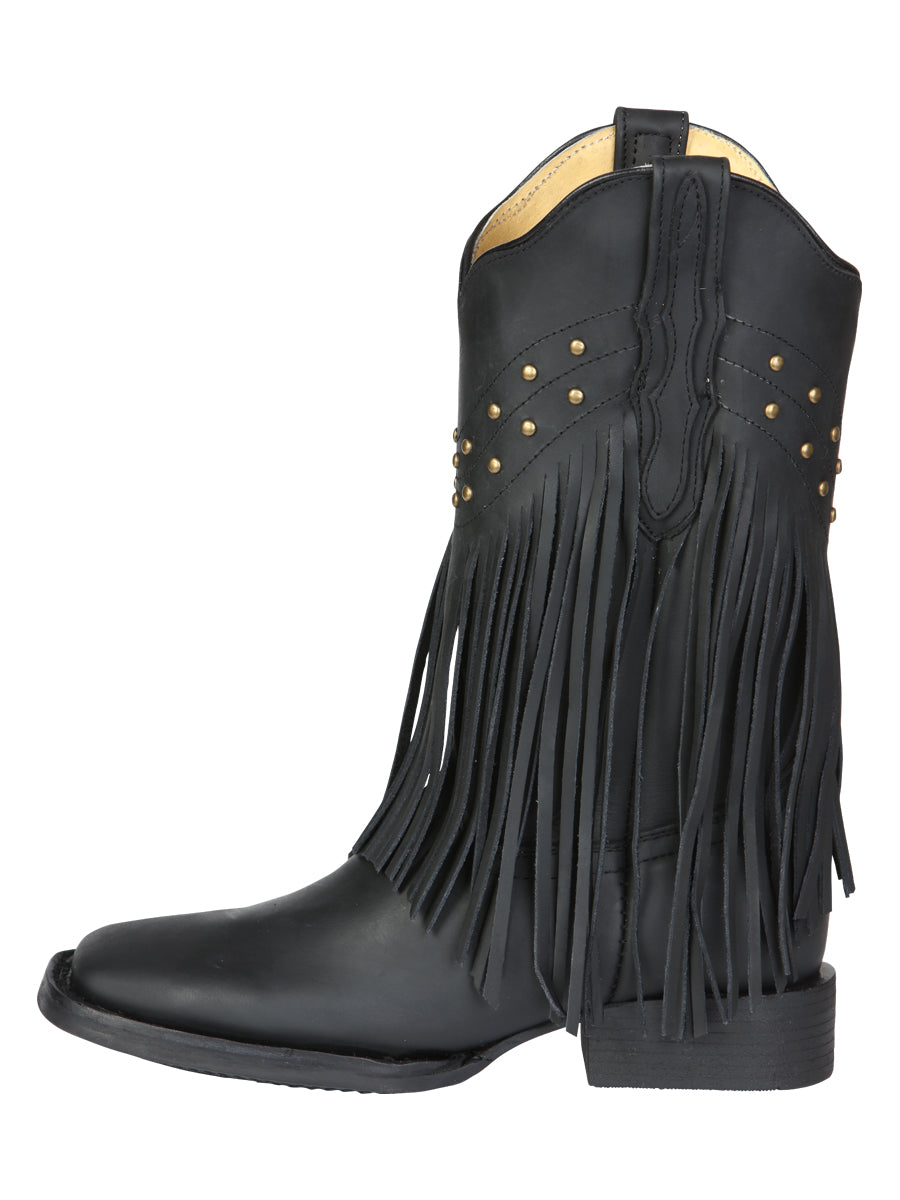 El General Women's Leather Fringe Western Boots - Made in Mexico - Black 45798