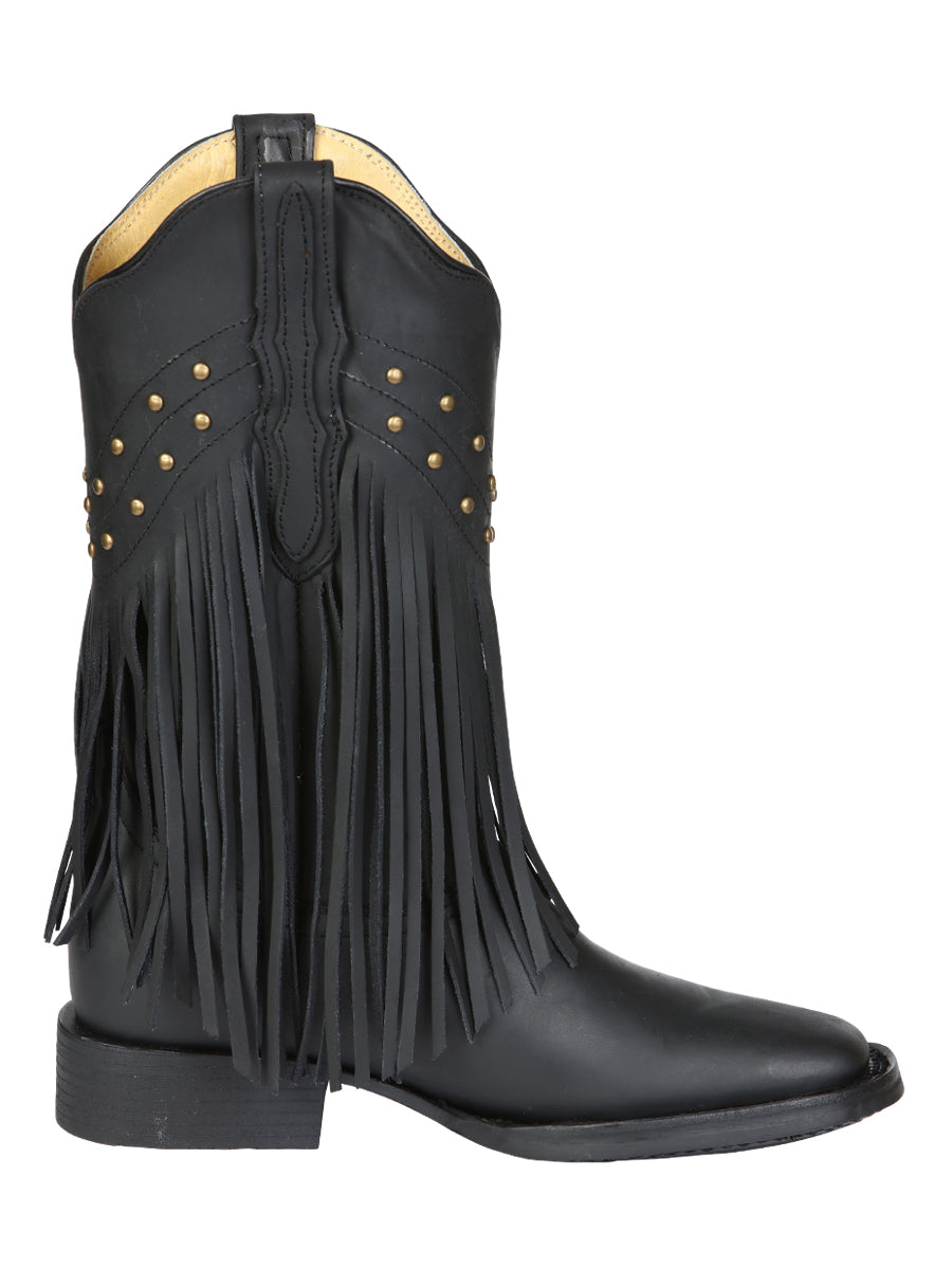El General Women's Leather Fringe Western Boots - Made in Mexico - Black 45798