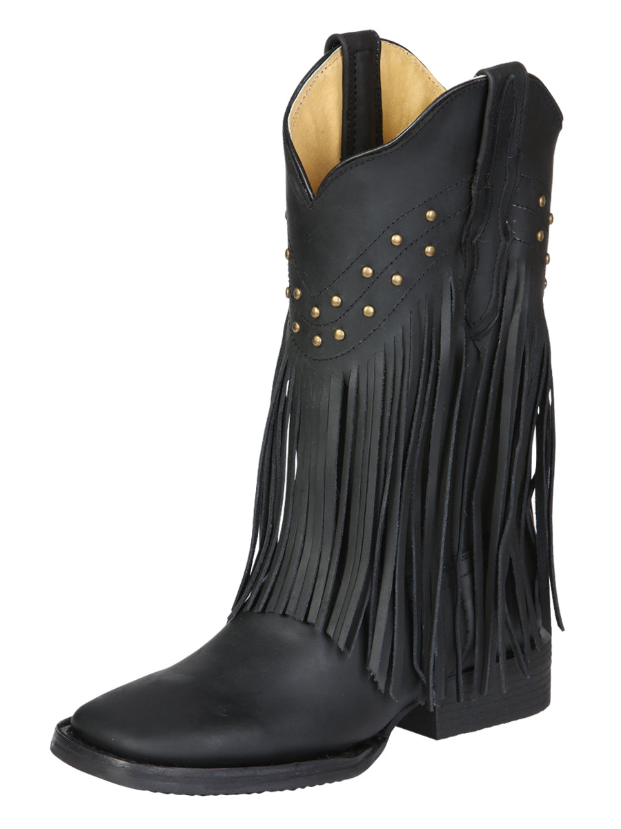 El General Women's Leather Fringe Western Boots - Made in Mexico - Black 45798