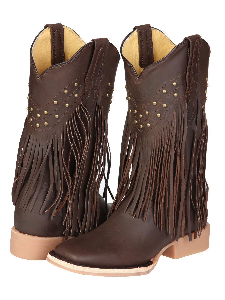 El General Women's Leather Fringe Western Boots - Made in Mexico - Brown 45800