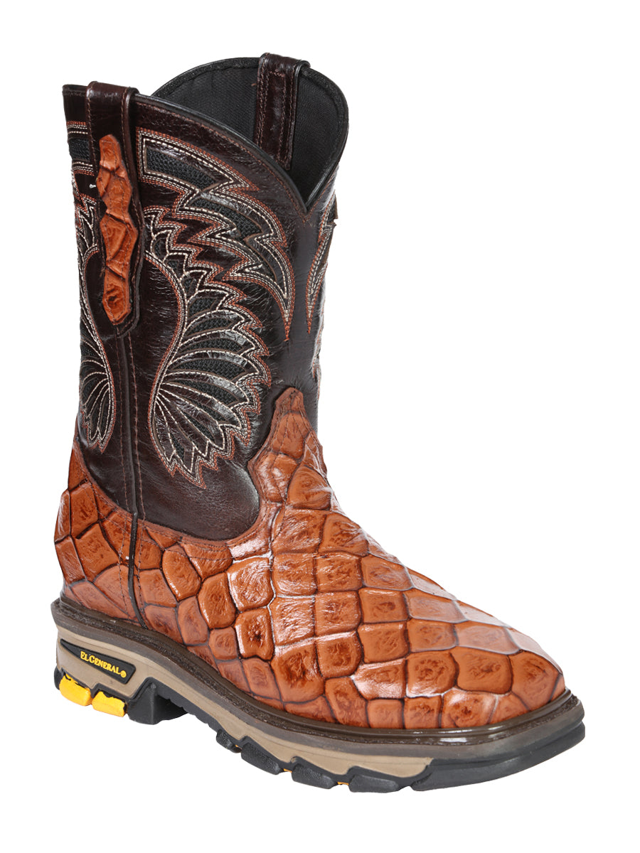 El General Men's Leather Work Boots - Made In Mexico - Embossed Monster Fish Print - Cognac 45808