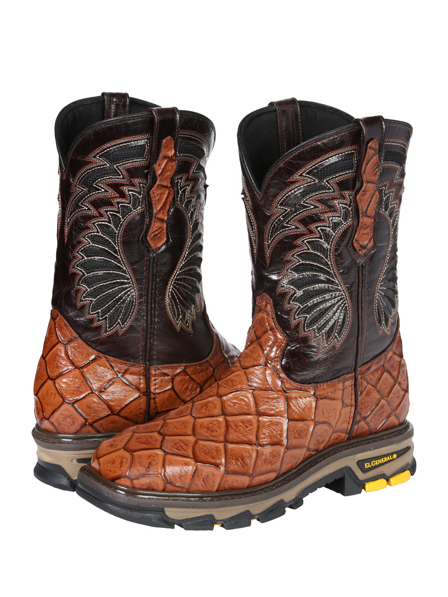 El General Men's Leather Work Boots - Made In Mexico - Embossed Monster Fish Print - Cognac 45808