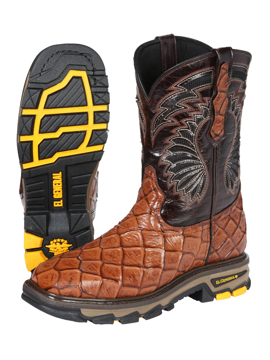 El General Men's Leather Work Boots - Made In Mexico - Embossed Monster Fish Print - Cognac 45808