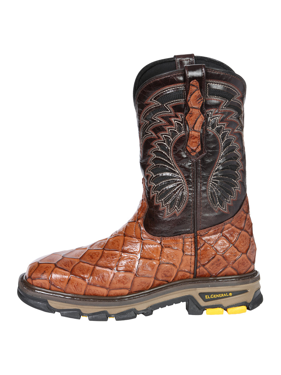El General Men's Leather Work Boots - Made In Mexico - Embossed Monster Fish Print - Cognac 45808