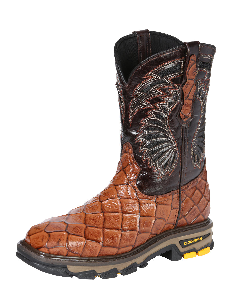 El General Men's Leather Work Boots - Made In Mexico - Embossed Monster Fish Print - Cognac 45808