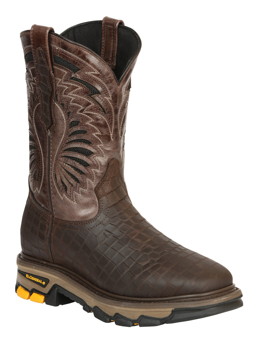 El General Men's Leather Work Boots - Embossed Caiman Print - Choco 45809