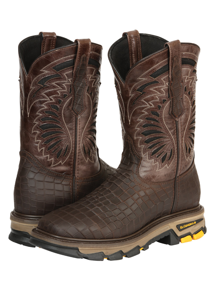 El General Men's Leather Work Boots - Embossed Caiman Print - Choco 45809