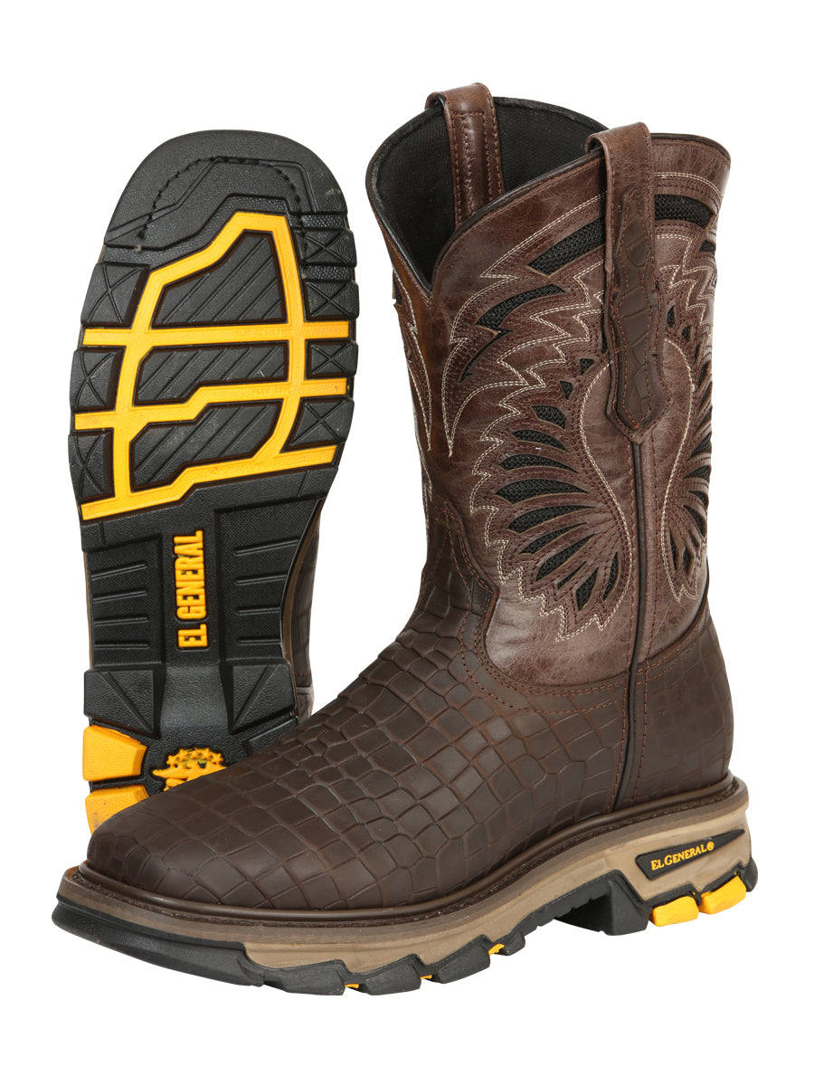 El General Men's Leather Work Boots - Embossed Caiman Print - Choco 45809