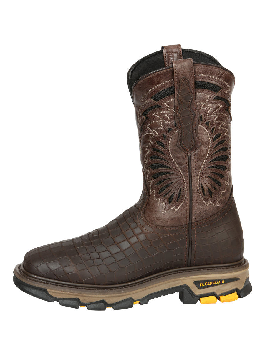 El General Men's Leather Work Boots - Embossed Caiman Print - Choco 45809