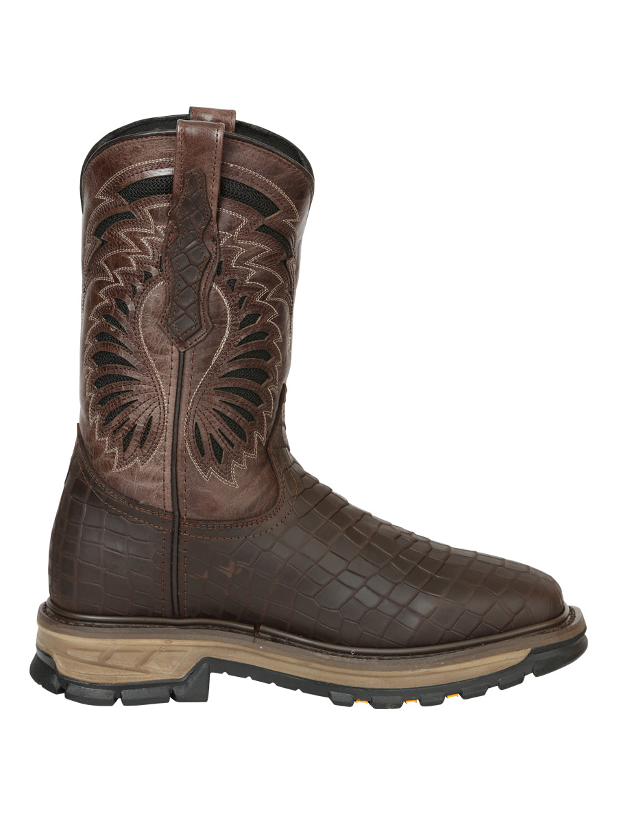 El General Men's Leather Work Boots - Embossed Caiman Print - Choco 45809