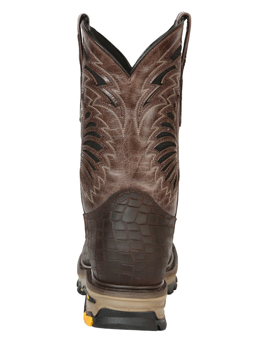 El General Men's Leather Work Boots - Embossed Caiman Print - Choco 45809