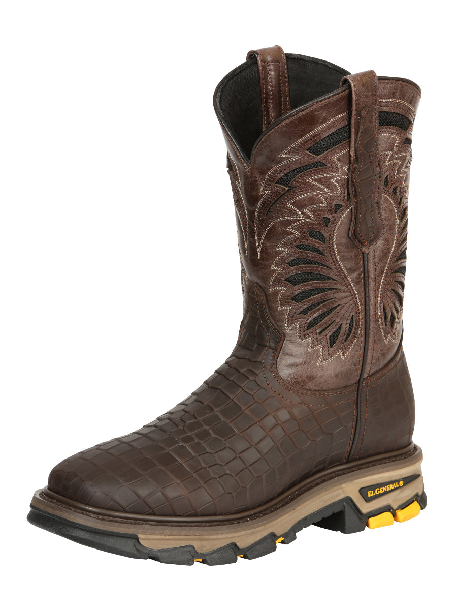 El General Men's Leather Work Boots - Embossed Caiman Print - Choco 45809