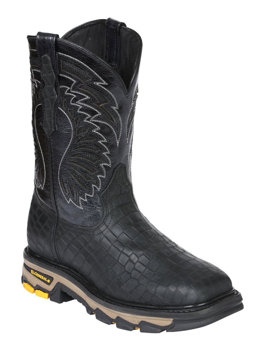 El General Men's Leather Work Boots - Embossed Caiman Print - Black 45810