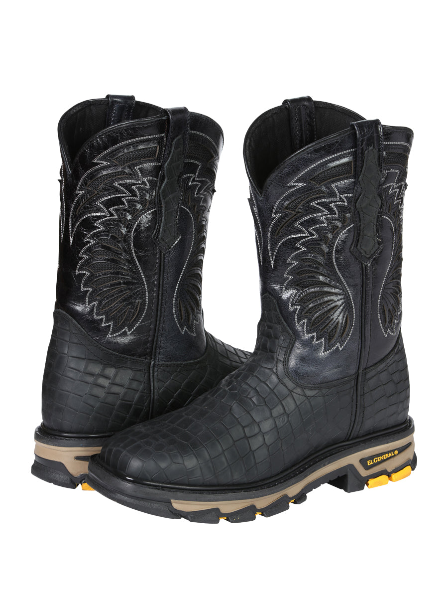 El General Men's Leather Work Boots - Embossed Caiman Print - Black 45810