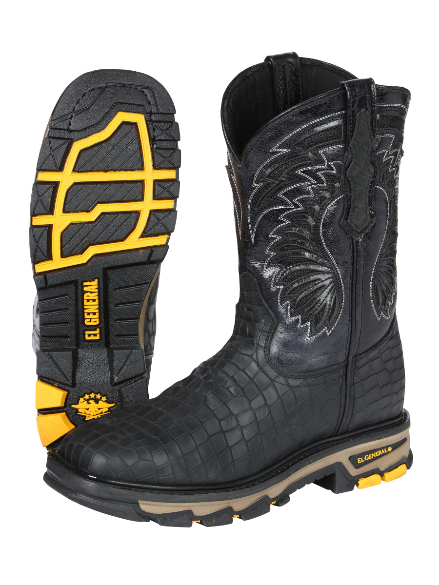 El General Men's Leather Work Boots - Embossed Caiman Print - Black 45810