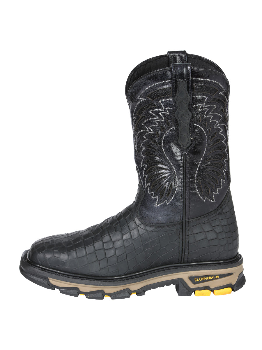 El General Men's Leather Work Boots - Embossed Caiman Print - Black 45810