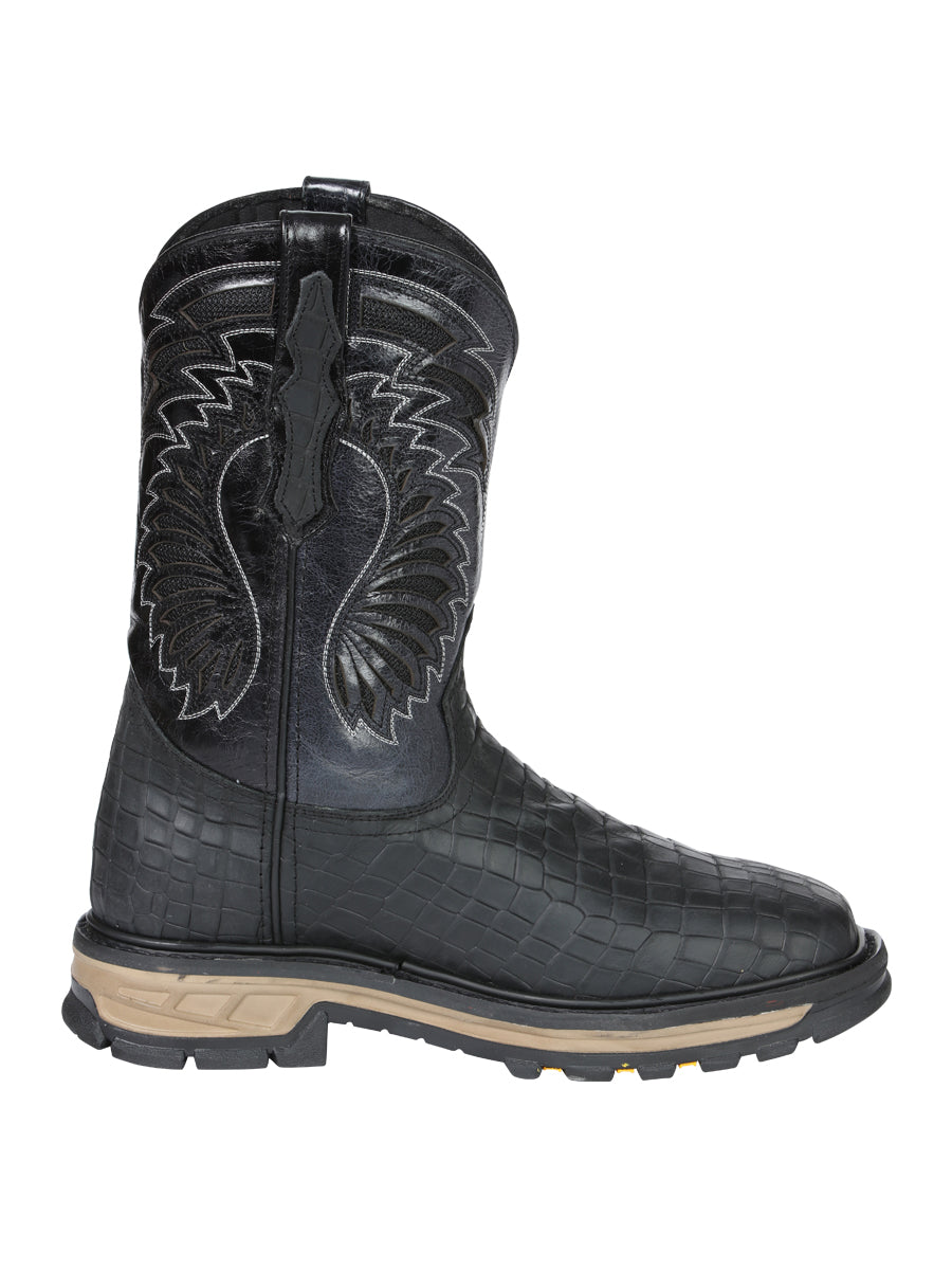 El General Men's Leather Work Boots - Embossed Caiman Print - Black 45810