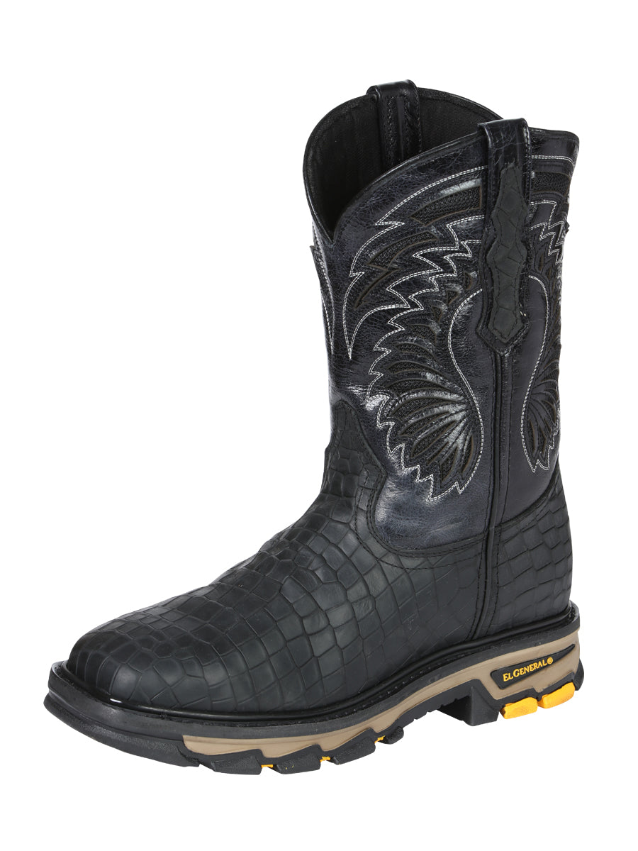 El General Men's Leather Work Boots - Embossed Caiman Print - Black 45810