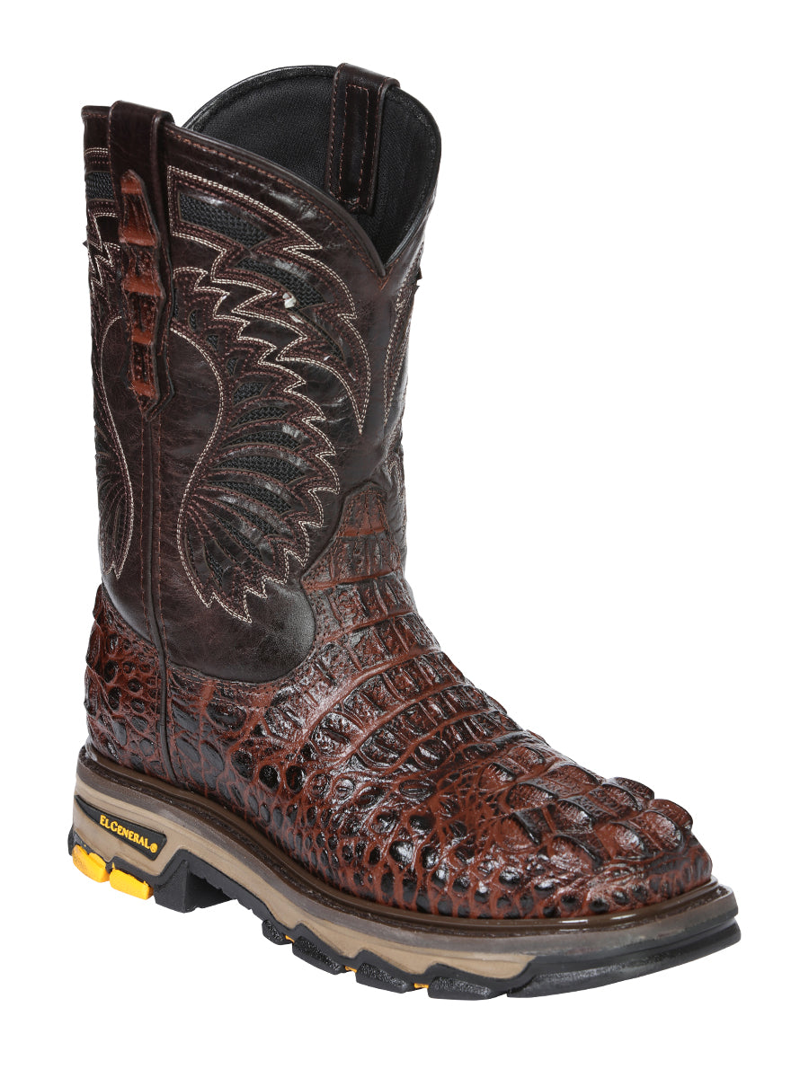 El General Men's Leather Work Boots Embossed Caiman Print Brown 45813